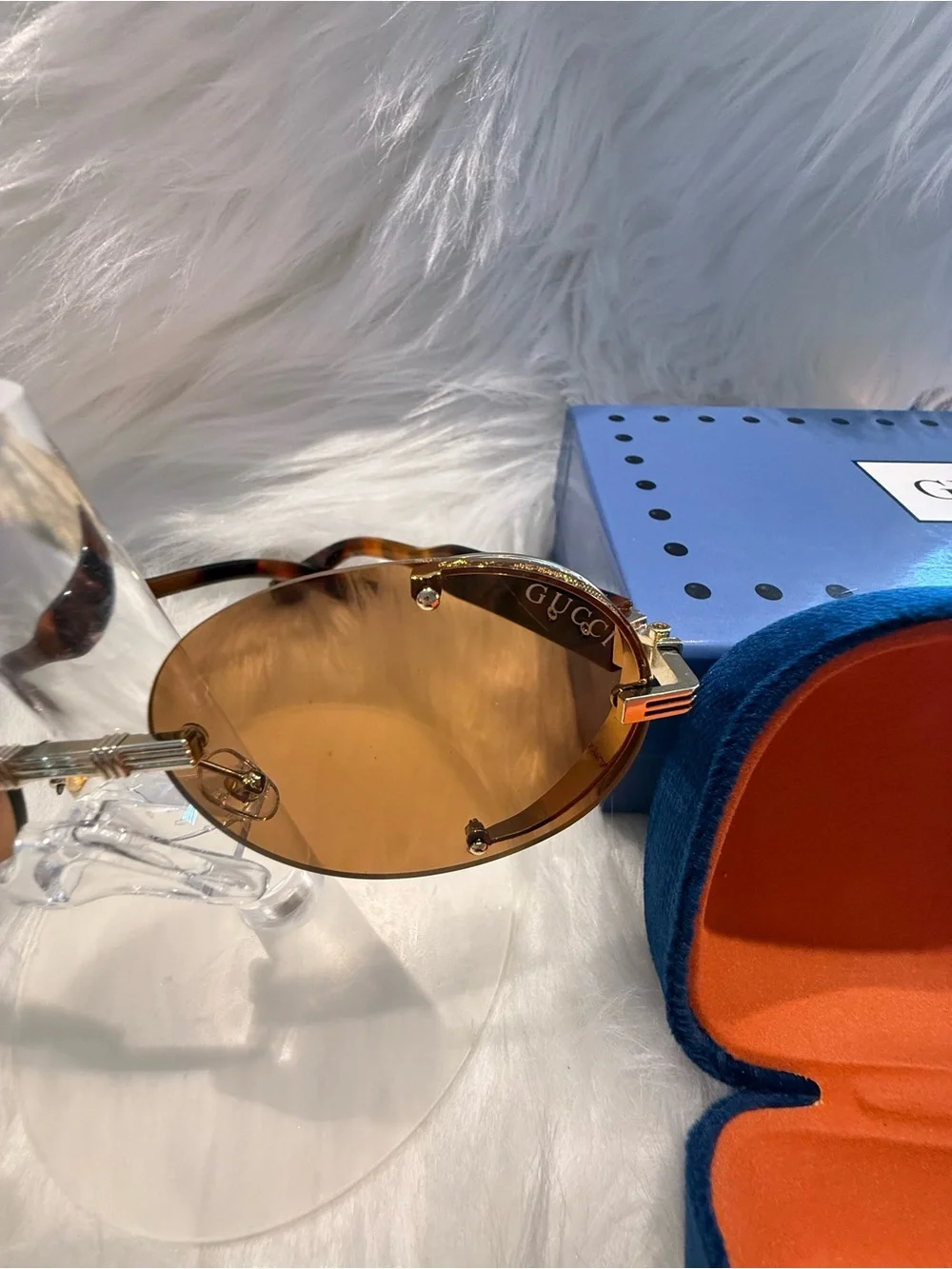 Gucci Rimless Oval Sunglasses with Brown Lenses and Gold Hardware